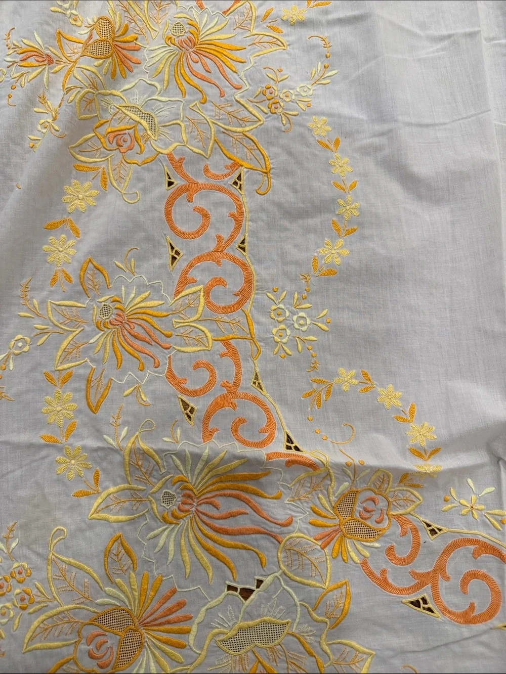 White vintage Tablecloth W/ Orange & Yellow Floral  Design. Size 114x64